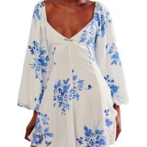 NWT Free People Francesa Mini Dress Baby Blue with Blue Floral Print Sz XS S